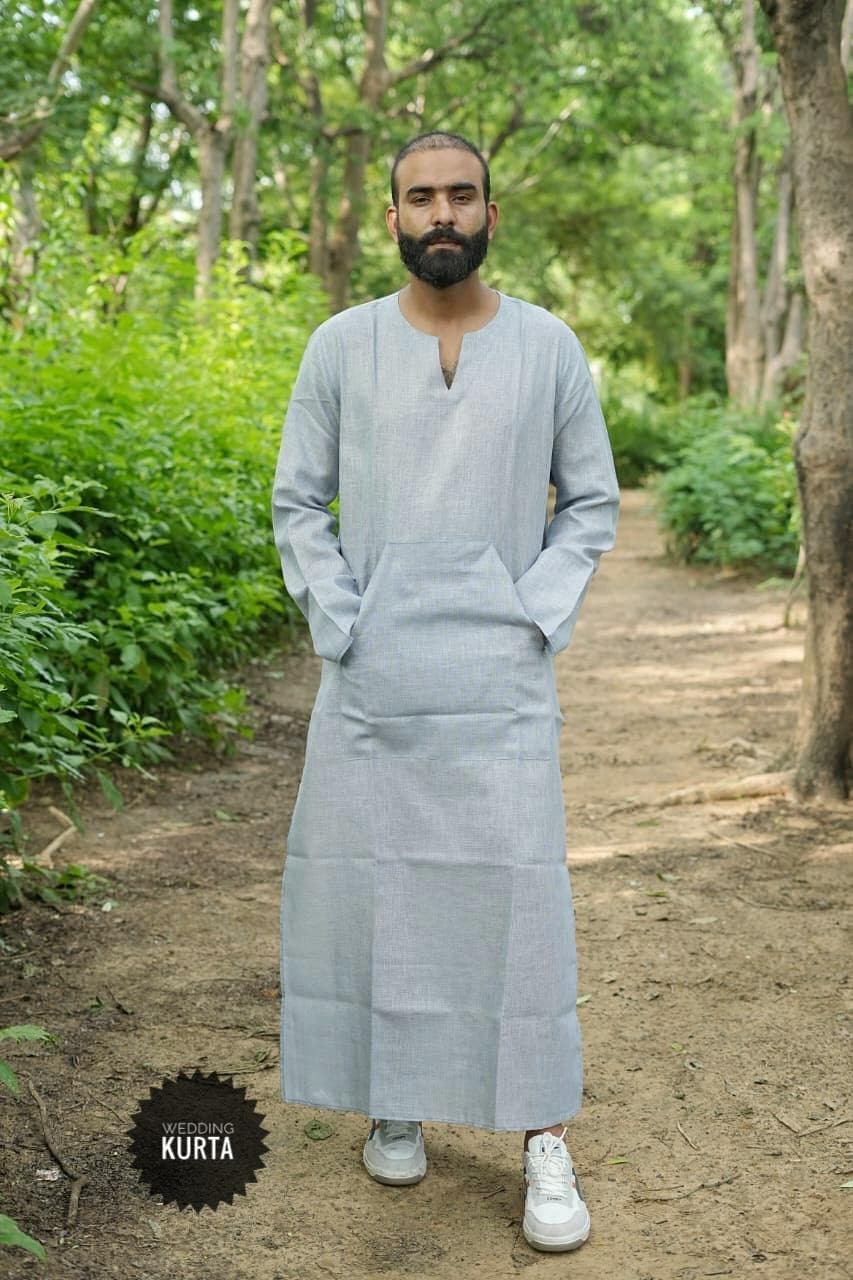 Handmade Gray Linen Kaftan Dress: Loose Fitting Khadi Cotton