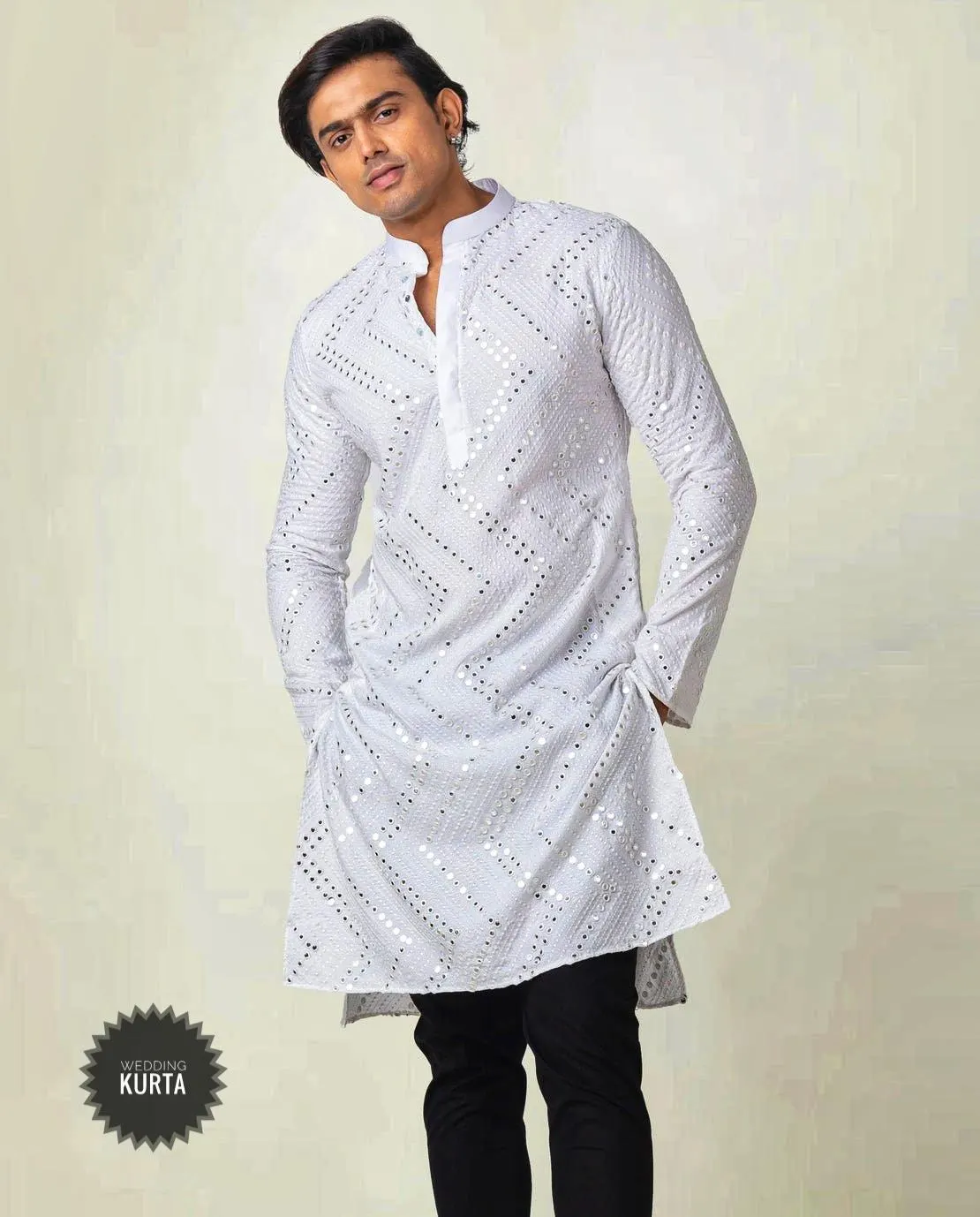White Chikankari Kurta Set: Men's Embroidered Mirror Work Cotton Suit