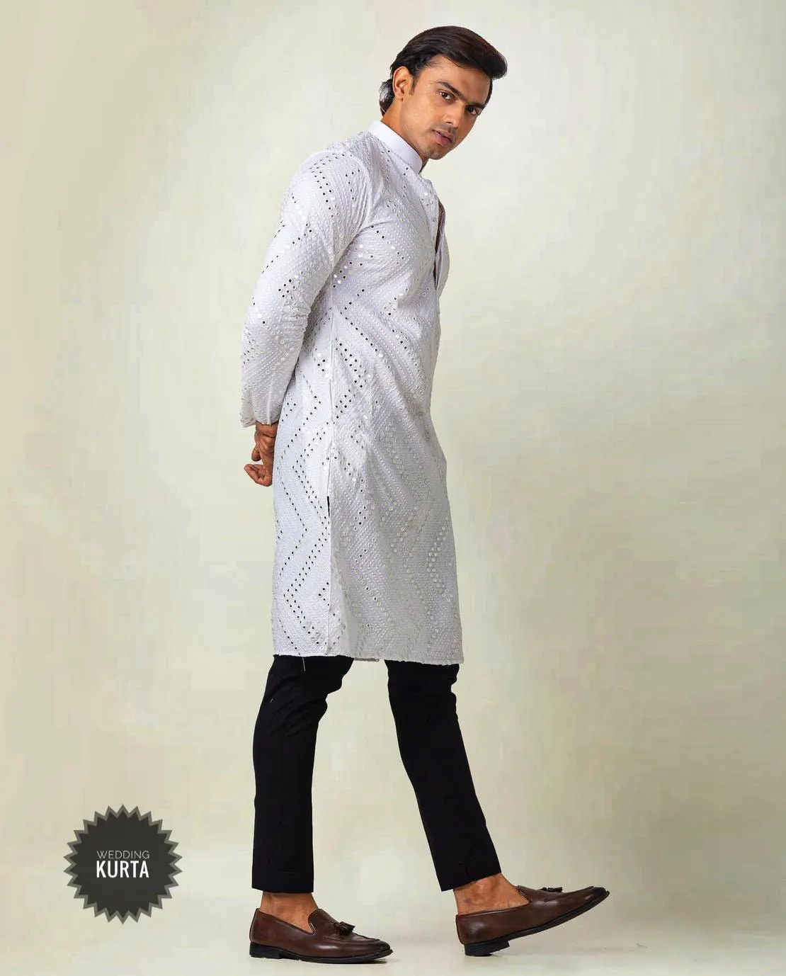 White Chikankari Kurta Set: Men's Embroidered Mirror Work Cotton Suit - image 5