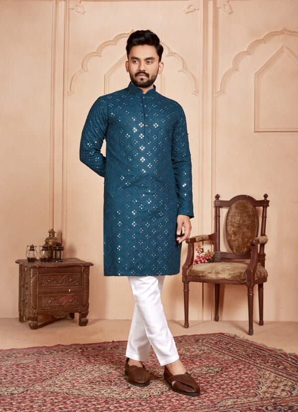 Embroidered Georgette Kurta Pajama Set: Mirror Work Indian Menswear - image 3