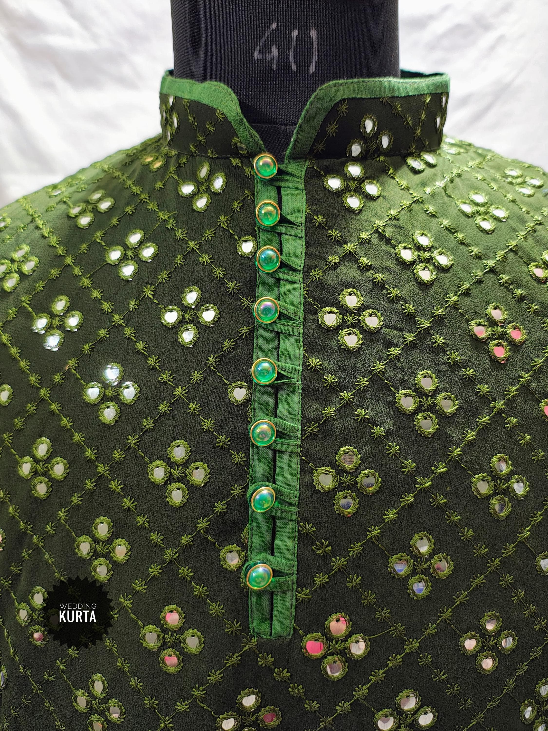 Mehndi Green Cotton Chikankari Kurta with Mirror Embroidery - image 3
