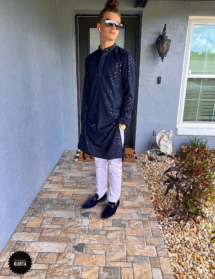 Blue Cotton Chikankari Kurta: Floral Bollywood Style