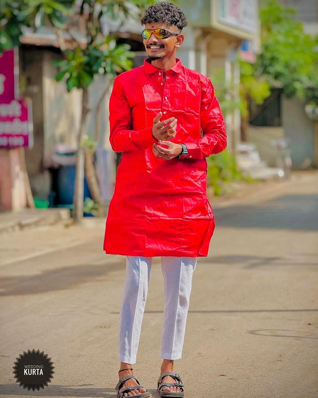 Red Cotton Silk Kurta Pajama Set: Men's Indian Ethnic Wear