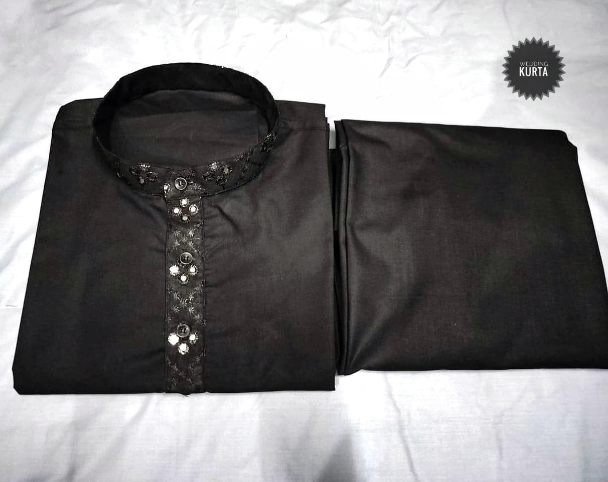 Men's Black Kurta Pyjama Set with Mirror Work Nehru Jacket - image 5