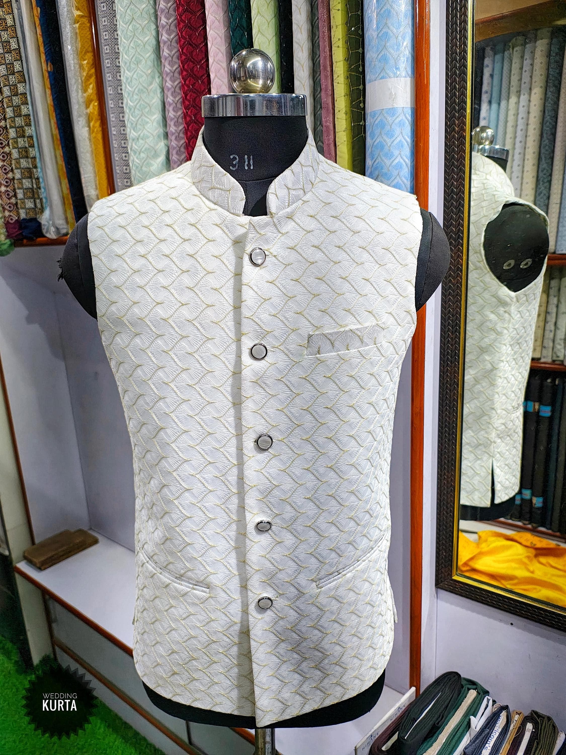 Men's White Georgette Nehru Jacket: Custom Chikankari Embroidered Waistcoat