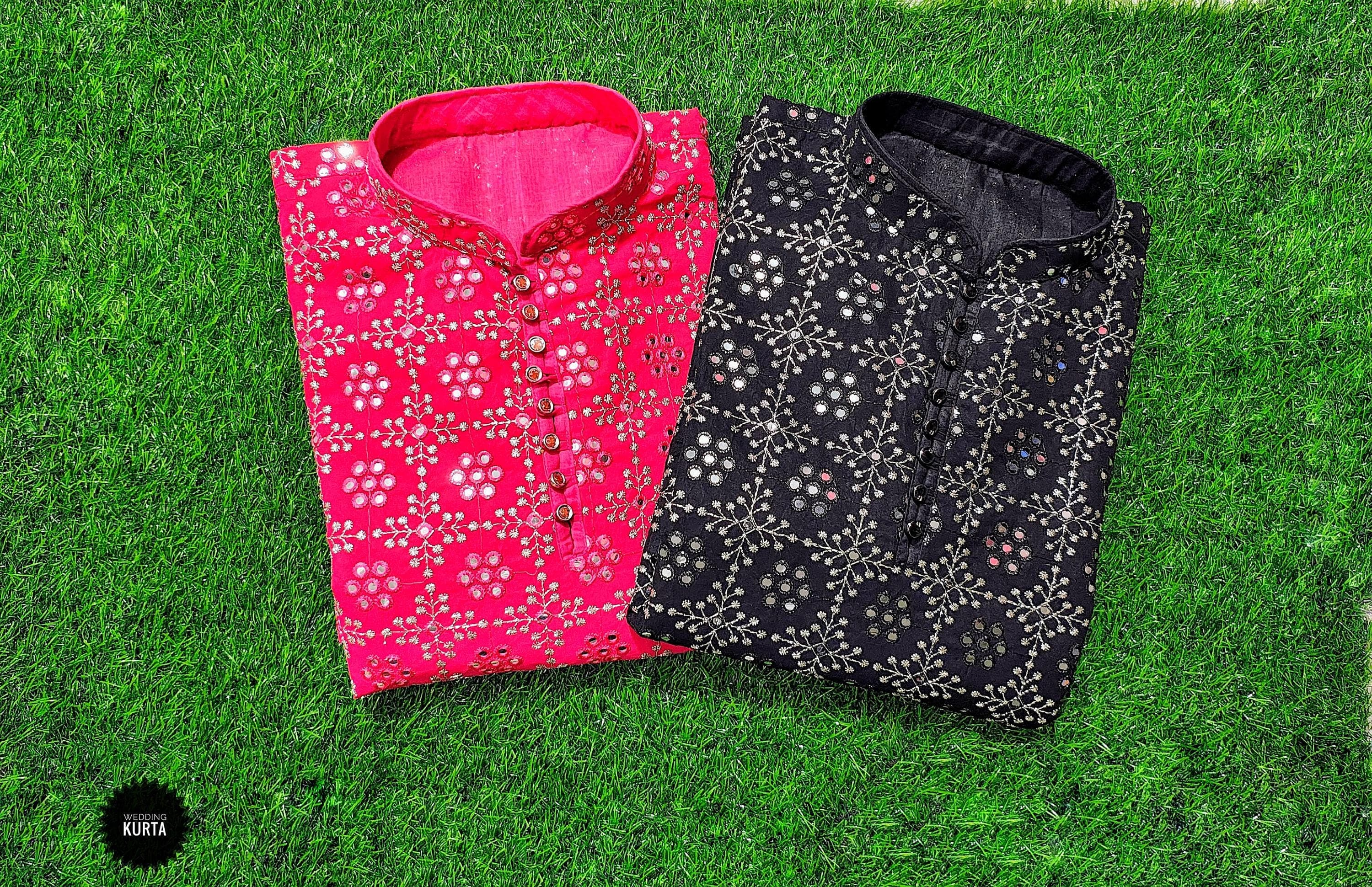 Chikankari Embroidered Georgette Kurta Pajama Set: Mirror Work Men's Outfit - image 3