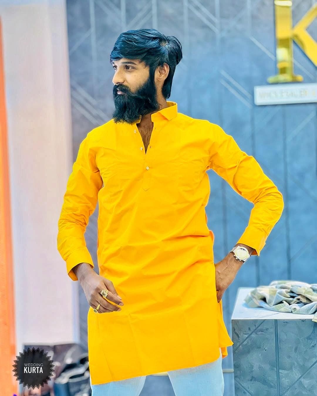 Men's Haldi Yellow Cotton Kurta Pajama Set: Wedding Ceremony Suit