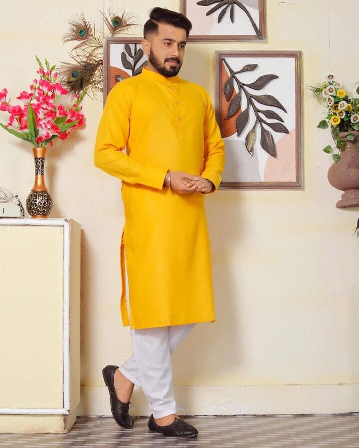 Men's Haldi Yellow Cotton Kurta Pajama Set - image 3