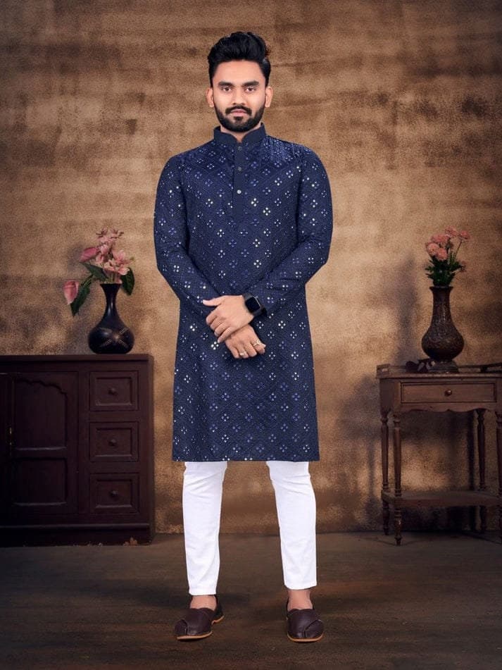 Yellow Cotton Chikankari Kurta Pajama Set: Embroidered Mirror Work - image 4
