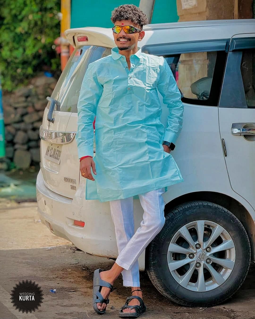 Men's Sky Blue Cotton Kurta Pajama Set: Indian Party Wear