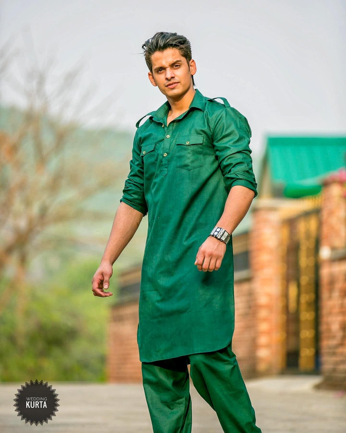 Dark Green Cotton Pathani Suit Set: Men's Punjabi Kurta - image 4