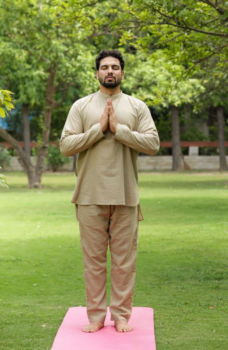 Men's Cotton Linen Yoga Kurta Pajama Set - Olive Green Meditation Suit