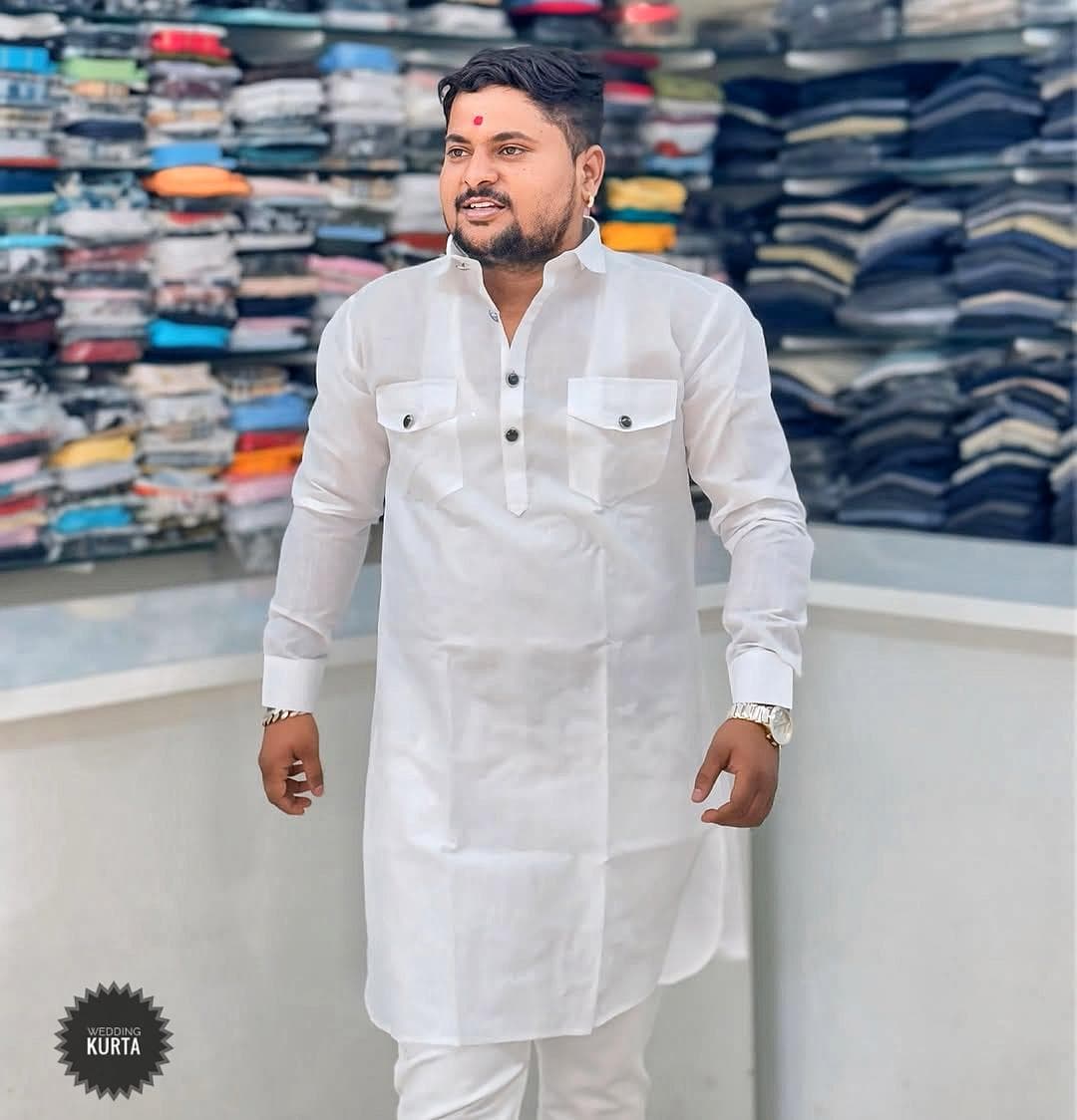 White Cotton Silk Pathani Kurta Set: Men's Wedding Outfit
