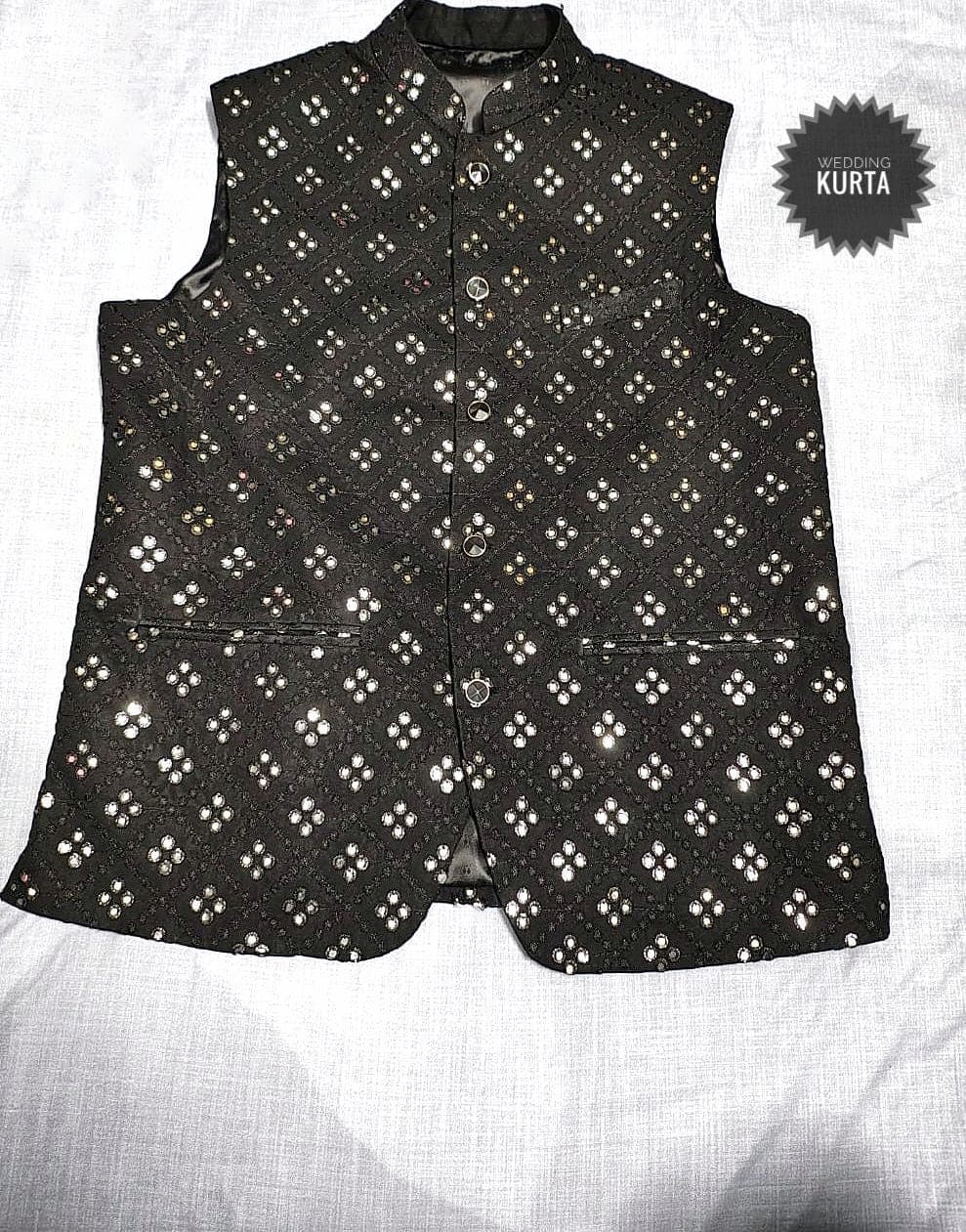 Men's Black Kurta Pyjama Set with Mirror Work Nehru Jacket - image 4