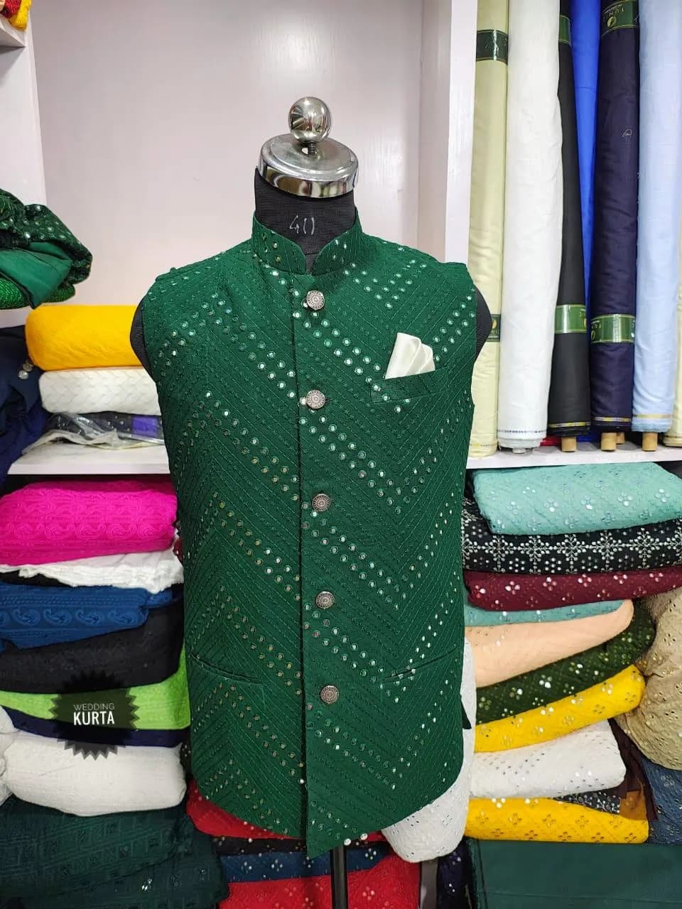 Dark Green Georgette Nehru Jacket: Indian Wedding Waistcoat
