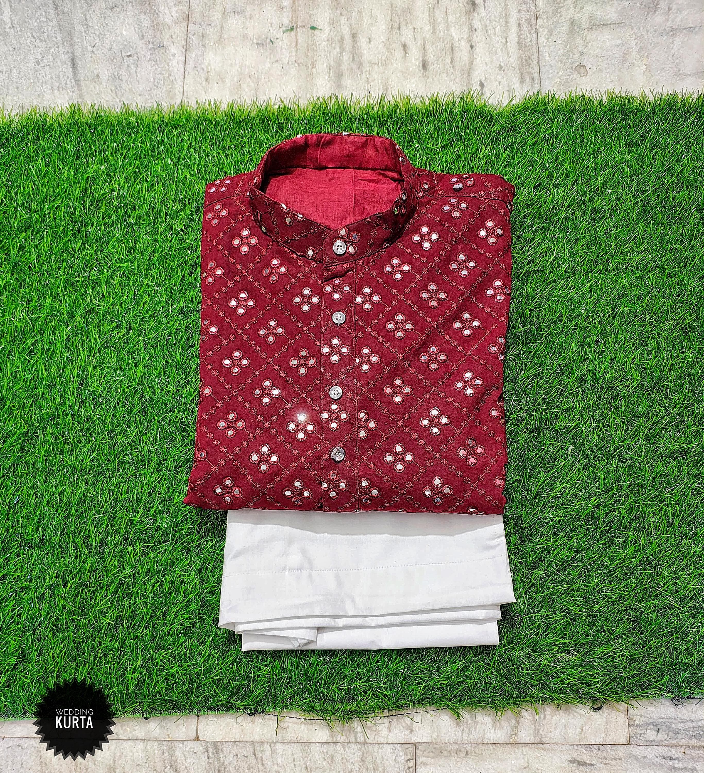 Maroon Embroidered Kurta Pajama: Indian Wedding Sherwani Outfit - image 3