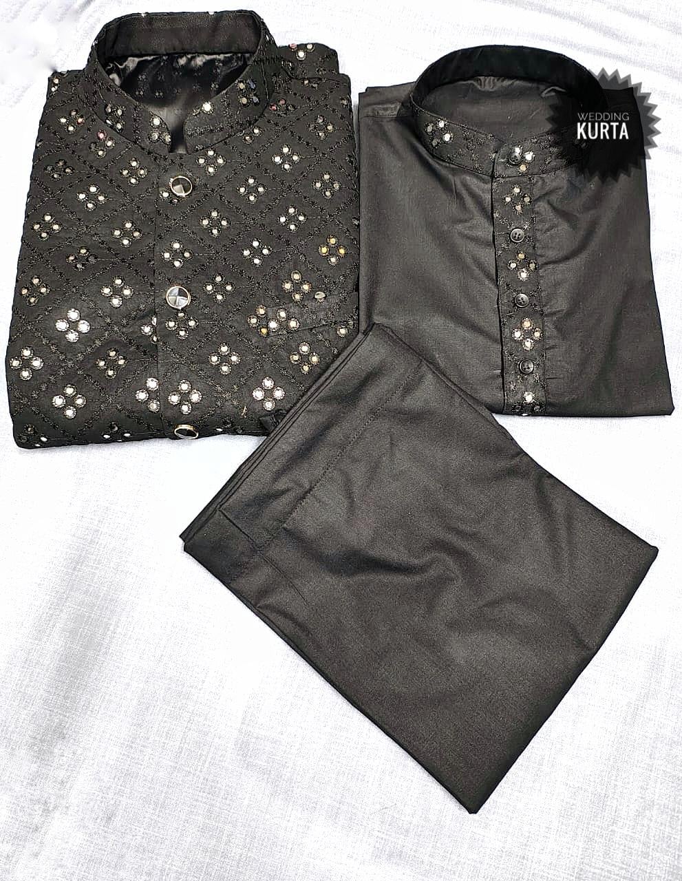 Men's Black Kurta Pyjama Set with Mirror Work Nehru Jacket