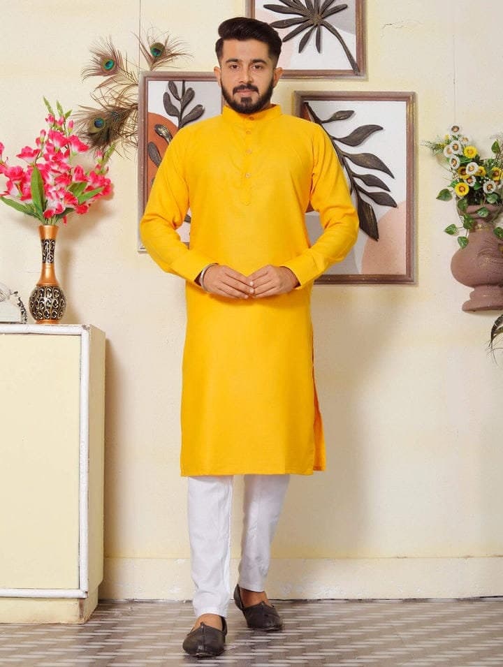 Men's Haldi Yellow Cotton Kurta Pajama Set