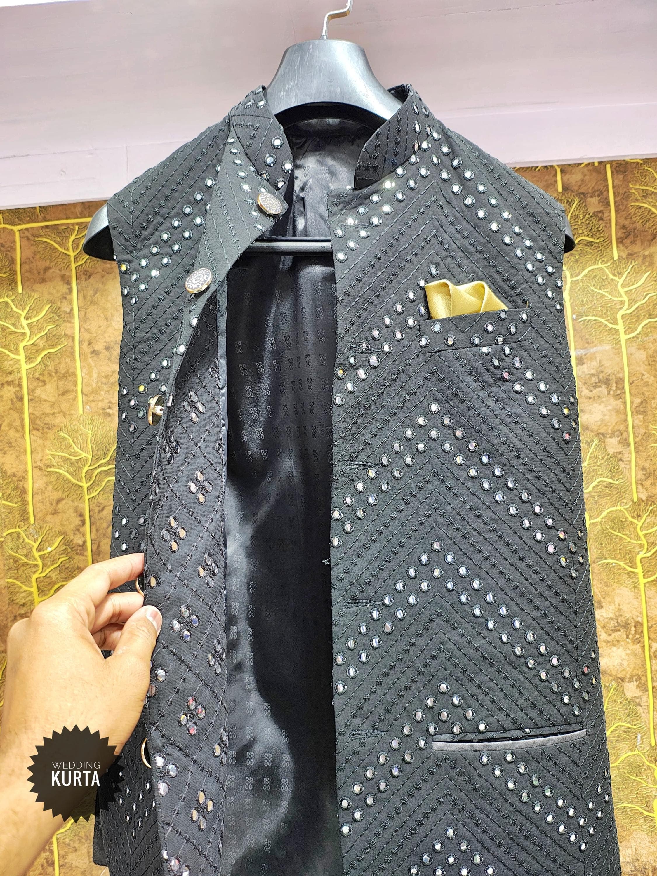 Men's Black Cotton Silk Blend Waistcoat: Indian Wedding Nehru Jacket - image 3