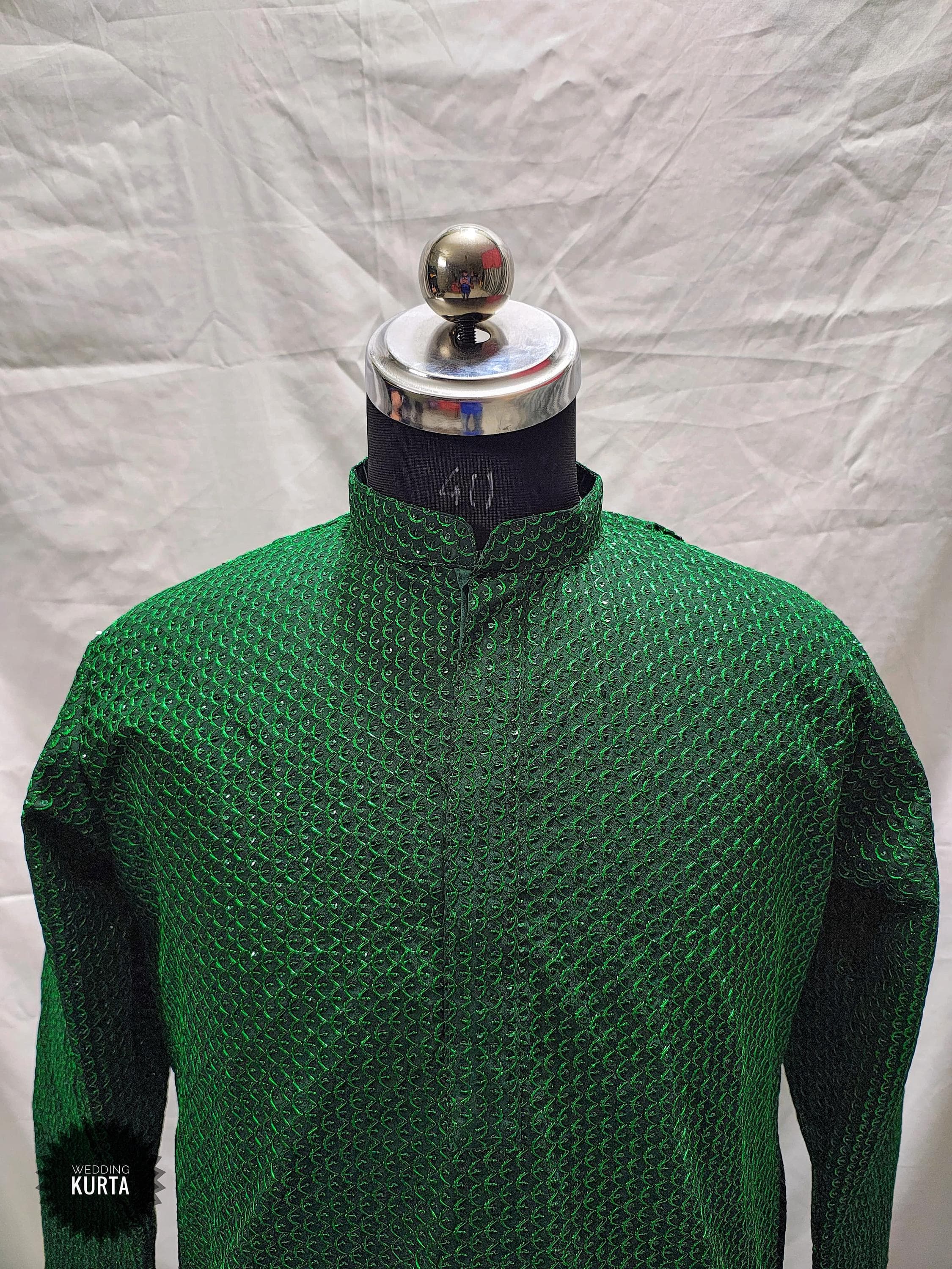 Dark Green Sequined Kurta Pajama Set: Custom Embroidered Pakistani Outfit - image 3