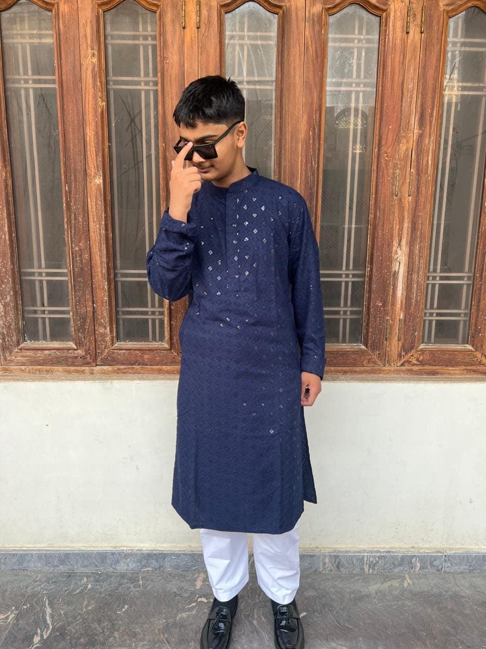 Blue Mirror Embroidery Kurta Pyjama: Men's Party Wear Suit - image 5