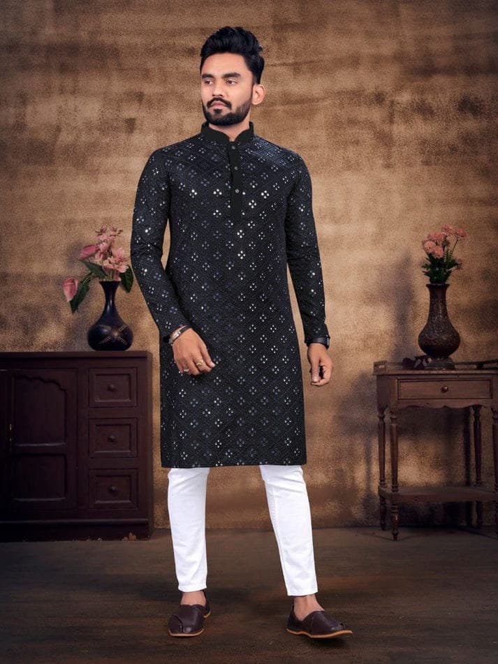 Yellow Cotton Chikankari Kurta Pajama Set: Embroidered Mirror Work - image 3