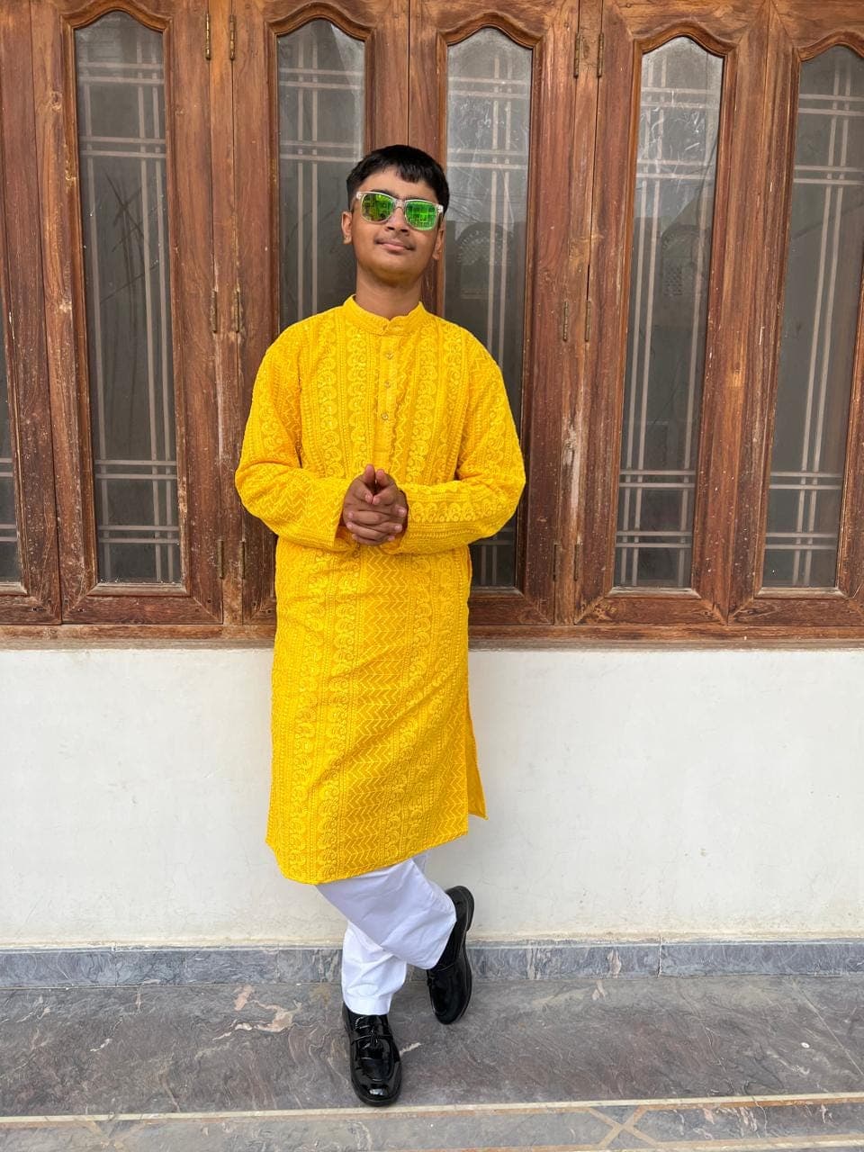 Yellow Paisley Chikankari Cotton Kurta Set: Mens Embroidered Wedding Outfit - image 3