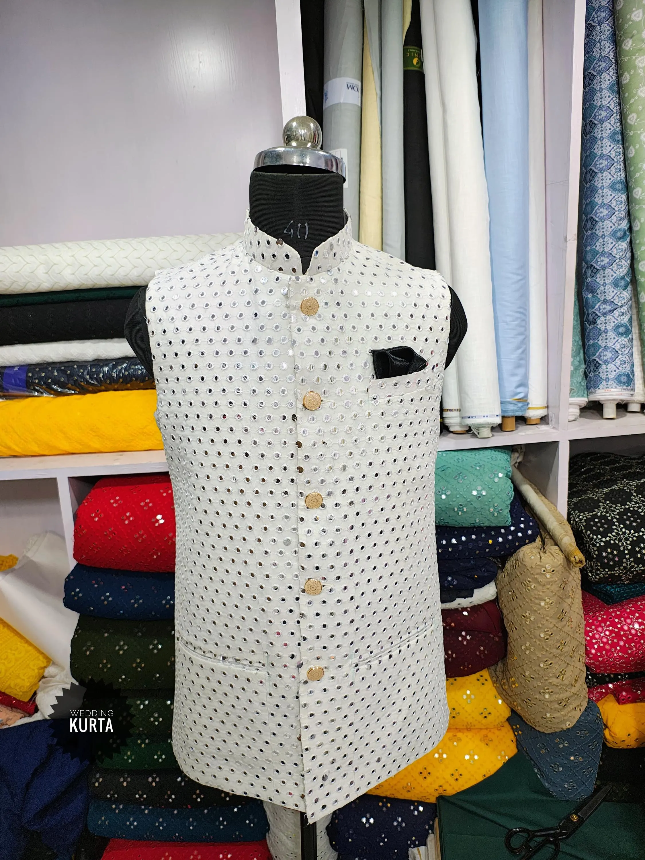 White Sequence Nehru Jacket: Custom Chikankari Embroidered Georgette Vest