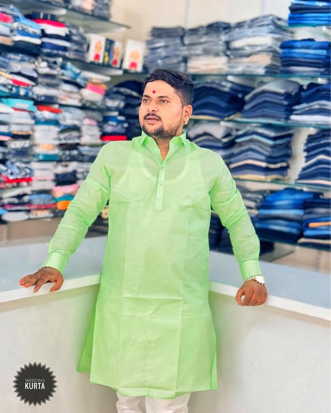 Men's Light Green Cotton Kurta: Long Sleeve Shirt Collar