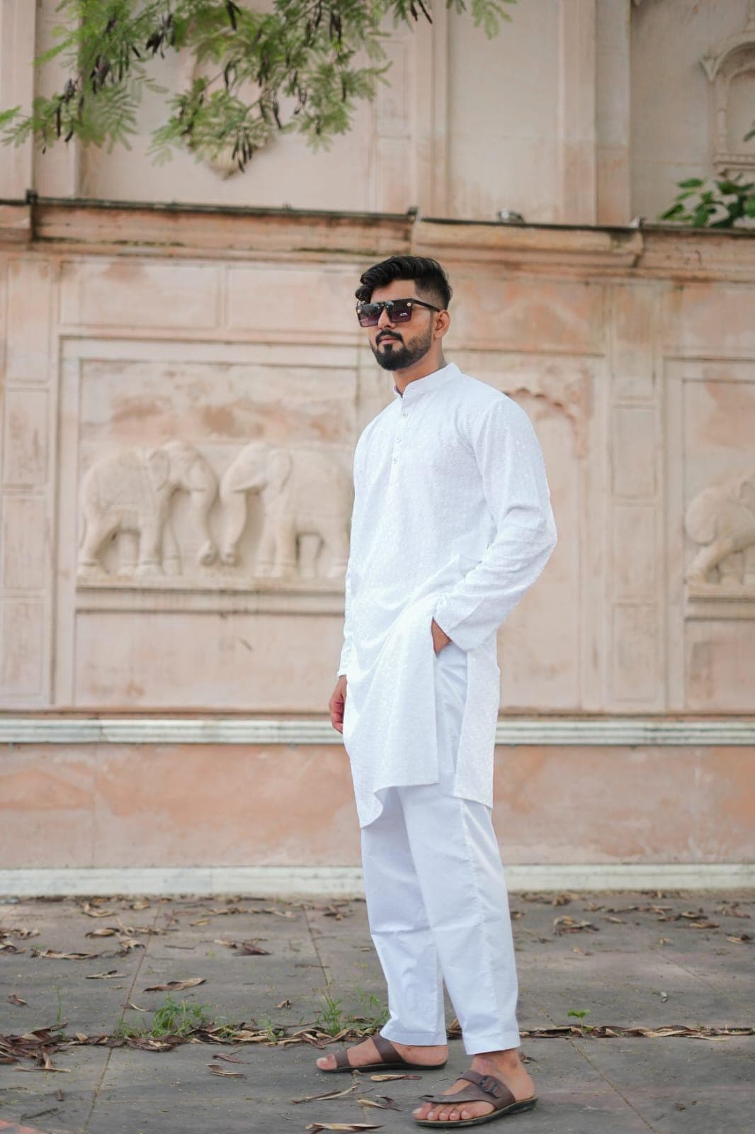 White Cotton Men's Kurta Set: Sequin Mirror Work, Traditional Indian Style