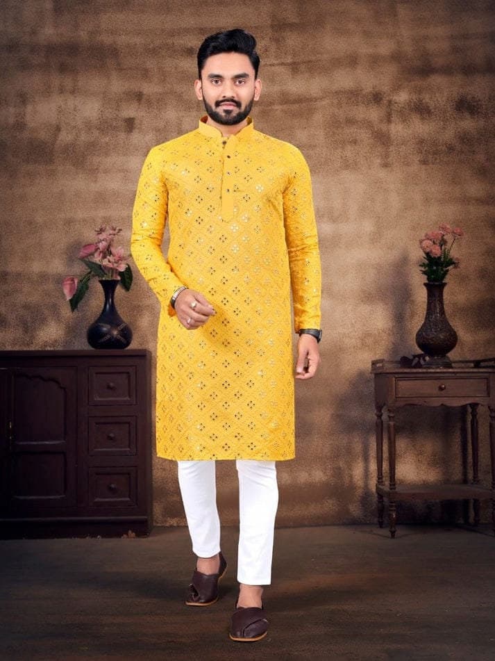 Yellow Cotton Chikankari Kurta Pajama Set: Embroidered Mirror Work