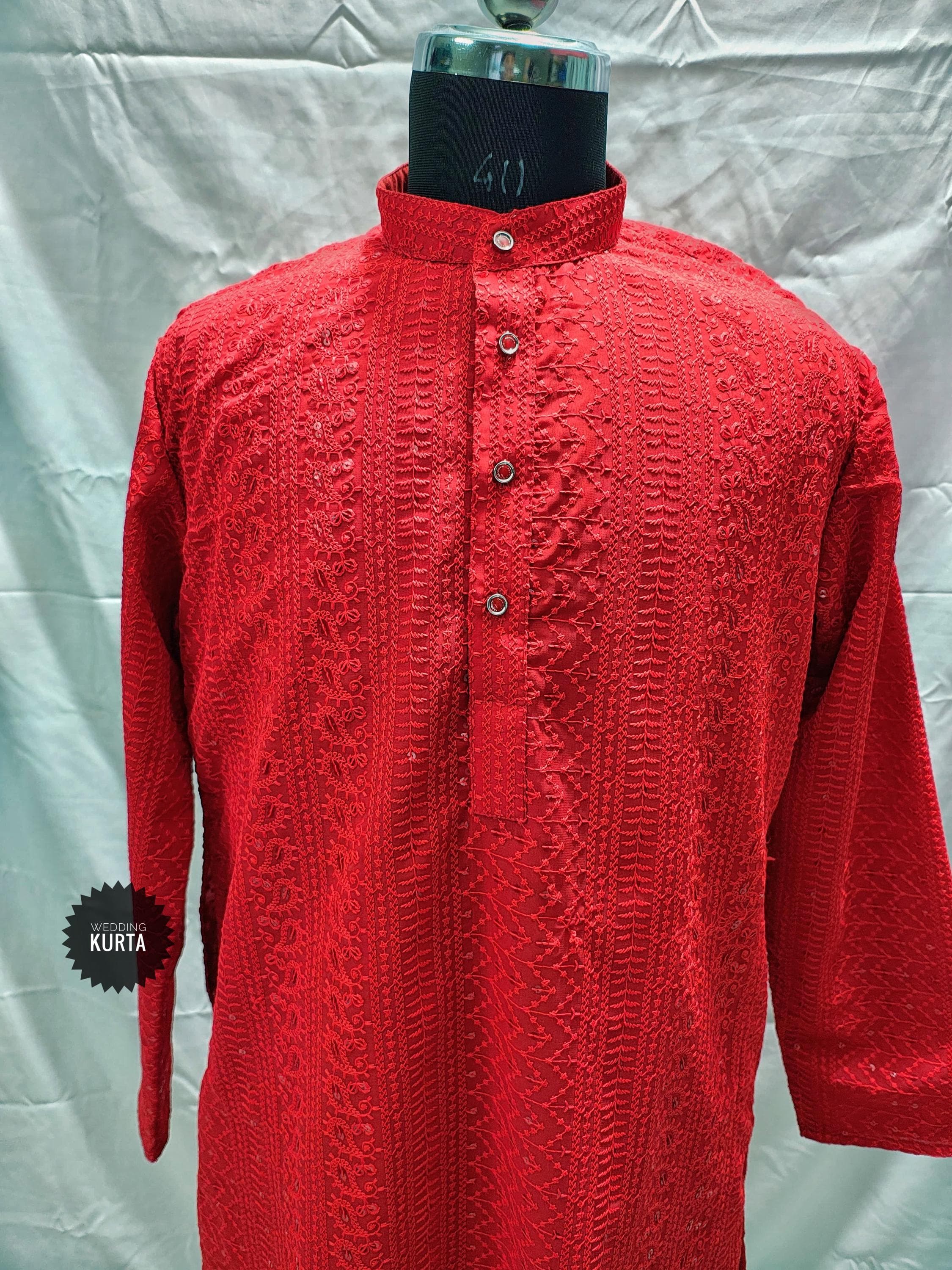Mens Maroon Kurta Set: Sequins & Embroidery with White Pajama - image 3