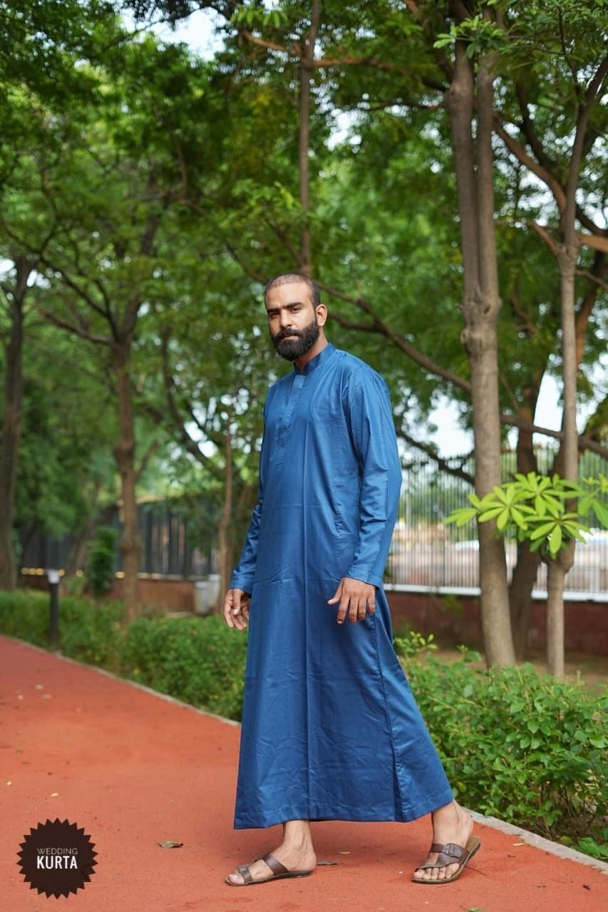 Handmade Royal Blue Cotton Jubba: Men's Emirati Wedding Thobe - image 5