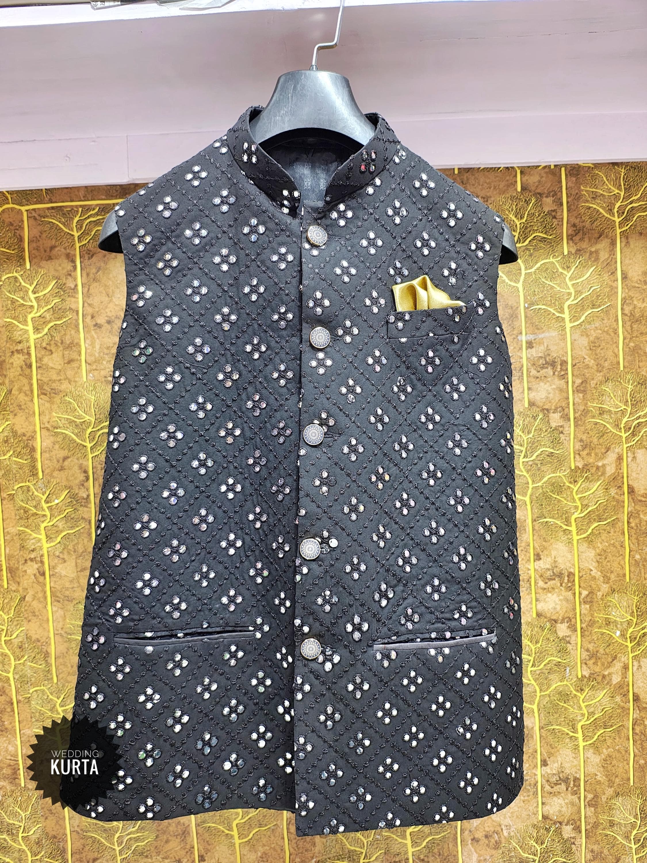 Men's Black Cotton Silk Blend Waistcoat: Indian Wedding Nehru Jacket