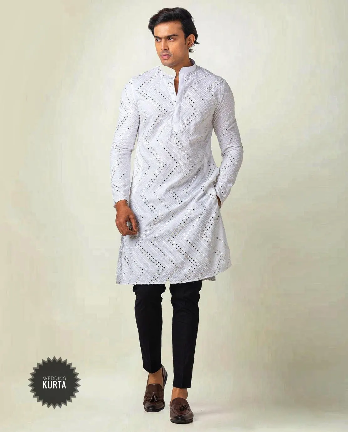 White Chikankari Kurta Set: Men's Embroidered Mirror Work Cotton Suit - image 3