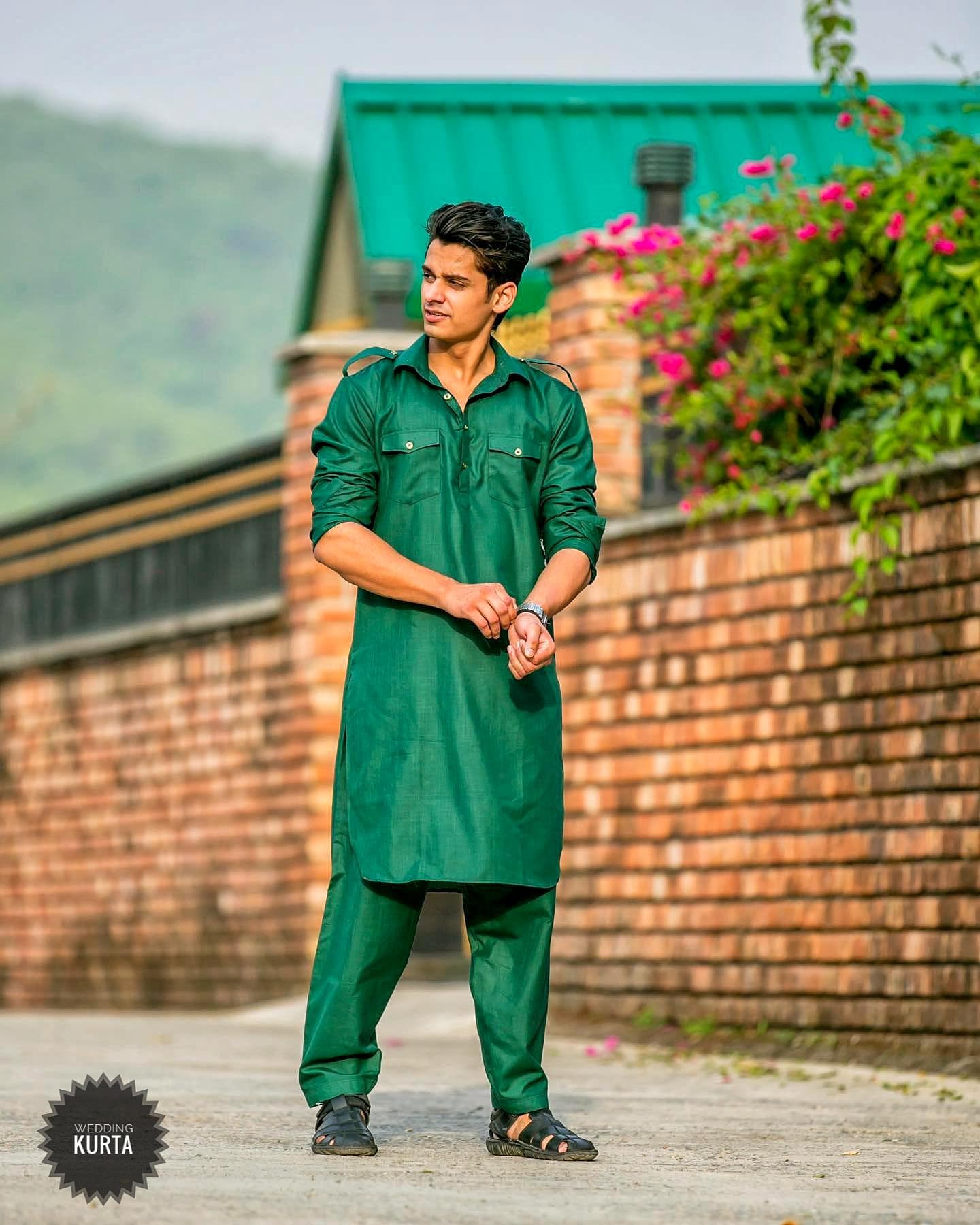 Dark Green Cotton Pathani Suit Set: Men's Punjabi Kurta - image 5