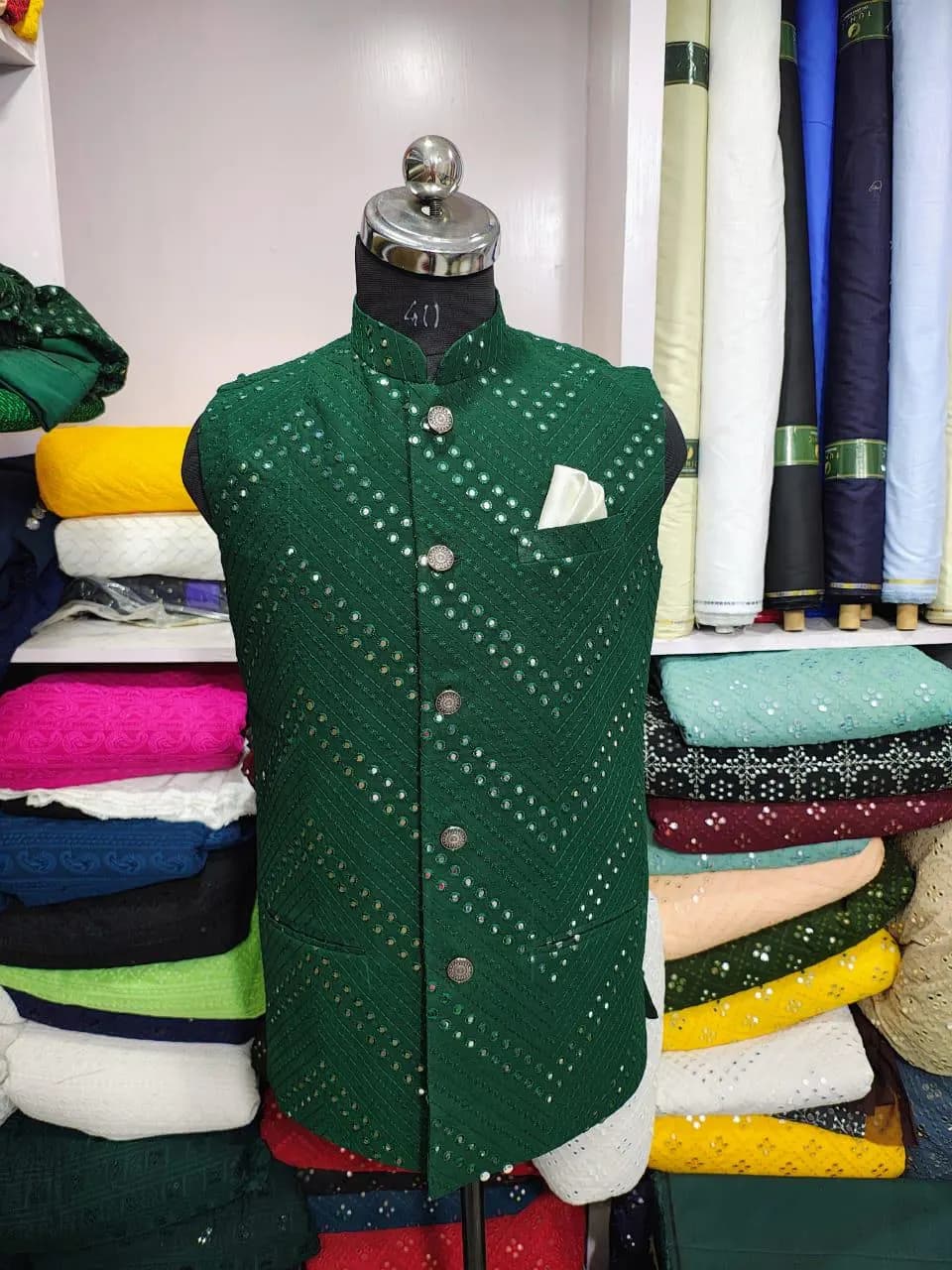 Dark Green Georgette Nehru Jacket: Indian Wedding Waistcoat - image 3