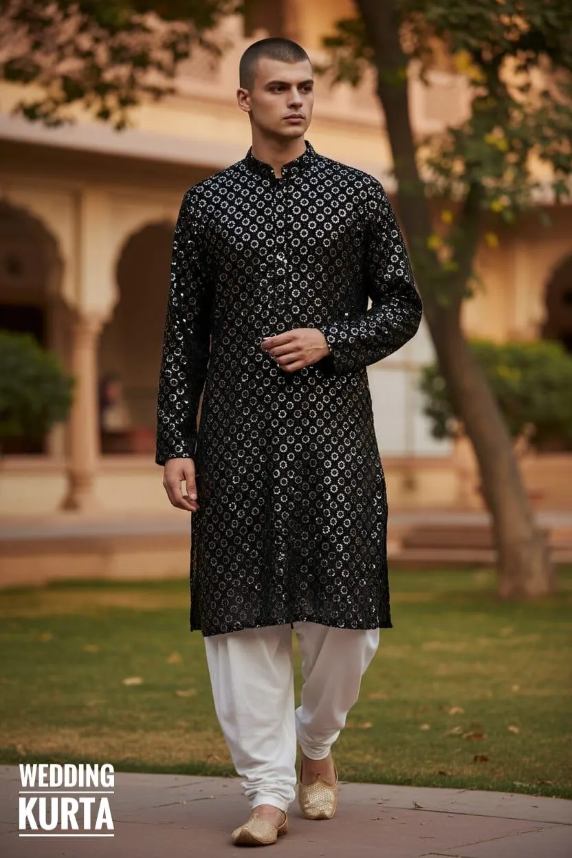Haldi Yellow Sequined Man Kurta Pyjama Set - Mehndi Function Dress For Men - image 4