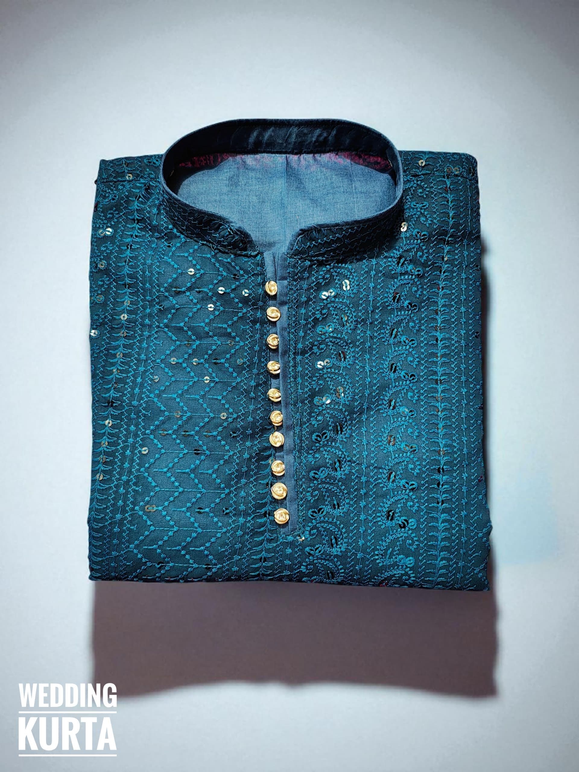 Teal Blue Chikan Kurta with White Pajama: Plus Size Men's Long Sleeve Set - image 3