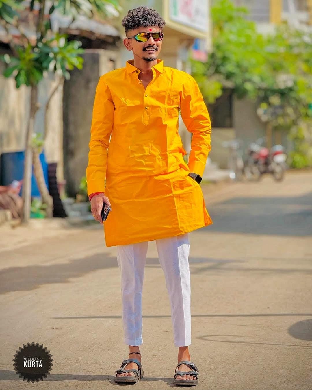 Men's Mustard Cotton Kurta Pajama Set: Indian Ethnic Wear