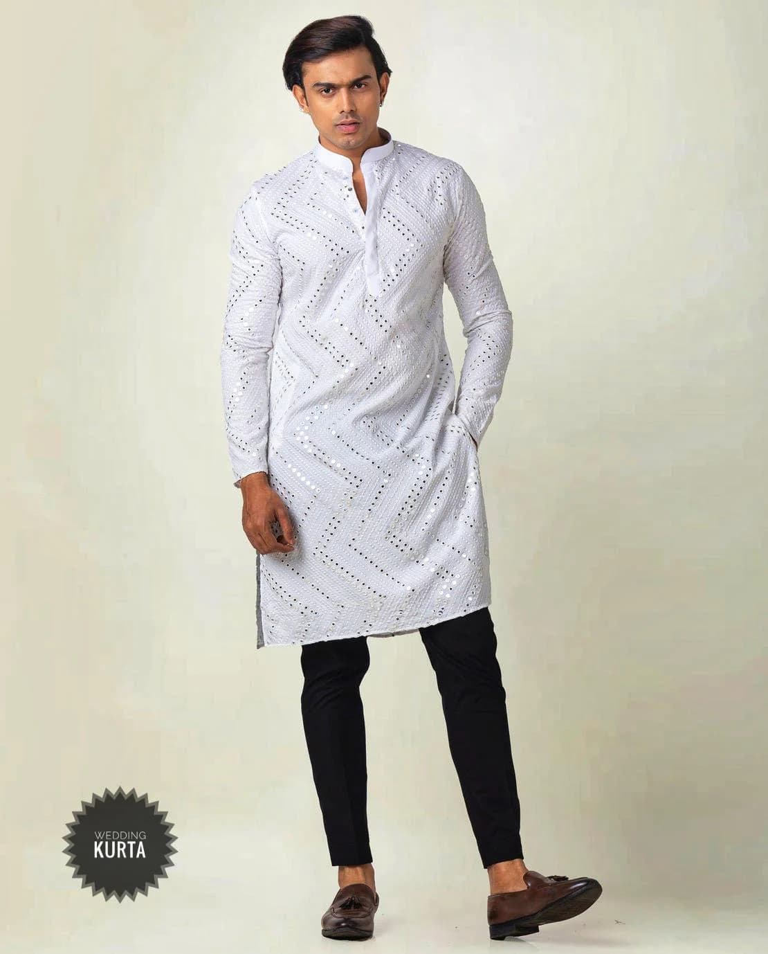 White Chikankari Kurta Set: Men's Embroidered Mirror Work Cotton Suit - image 4