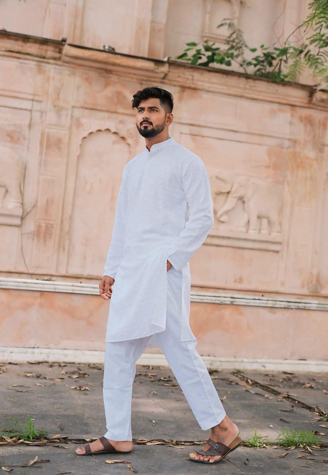 White Cotton Men's Kurta Set: Sequin Mirror Work, Traditional Indian Style - image 4