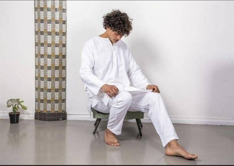 Men's White Cotton Kurta Pajama Set: Handmade Meditation Suit