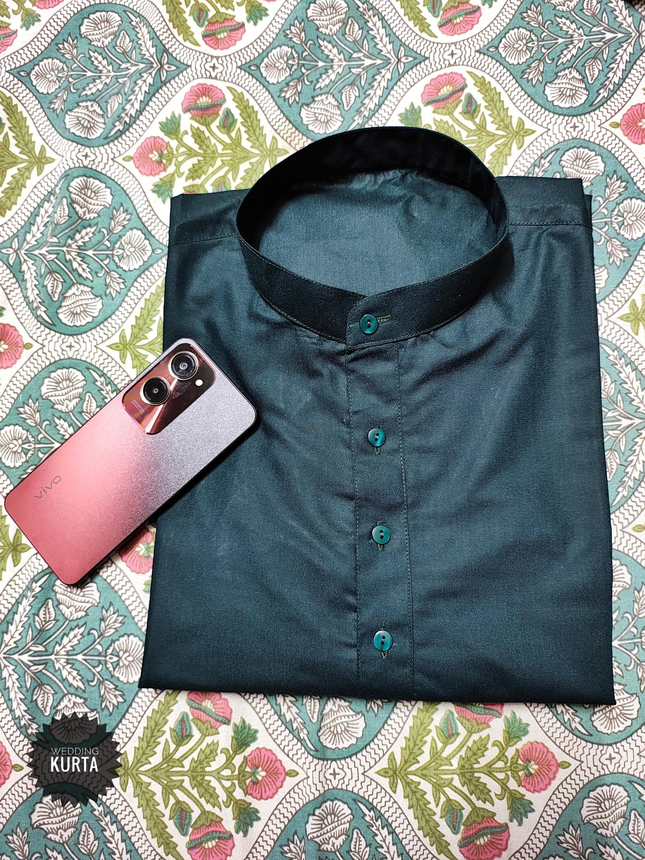 Handmade Bottle Green Cotton Kurta: Short Style Ethnic Shirt