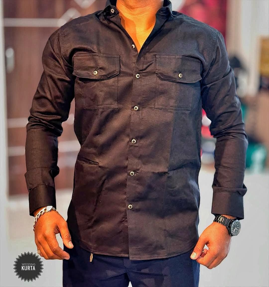 Men's Black Cotton Shirt: Ethnic Style with Pockets