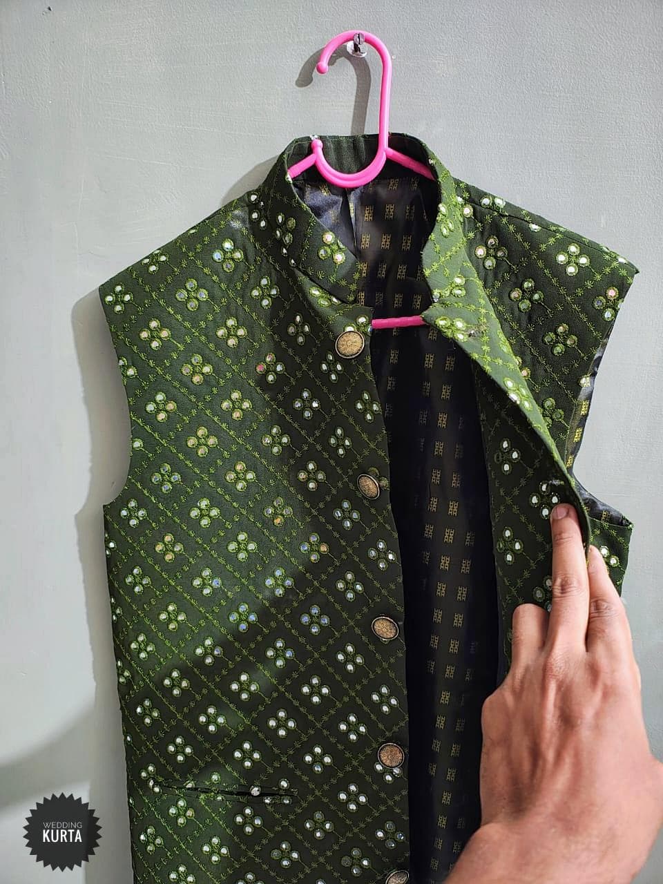 Men's Mehndi Green Georgette Nehru Jacket: Mirror Work Embroidery Vest - image 3
