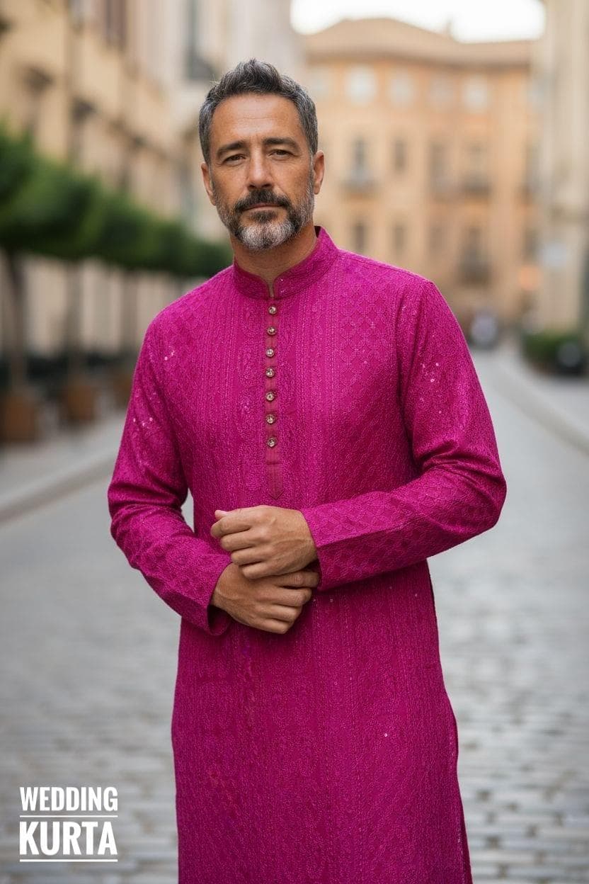 Men's Pink Chikankari Kurta Pajama Set: Handmade Sequins Wedding Menswear