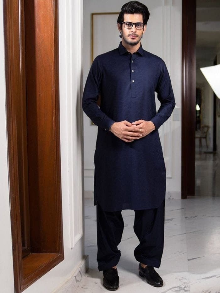 Handmade Cotton Kurta Shalwar Suit: Navy Blue Pathani Set - image 3