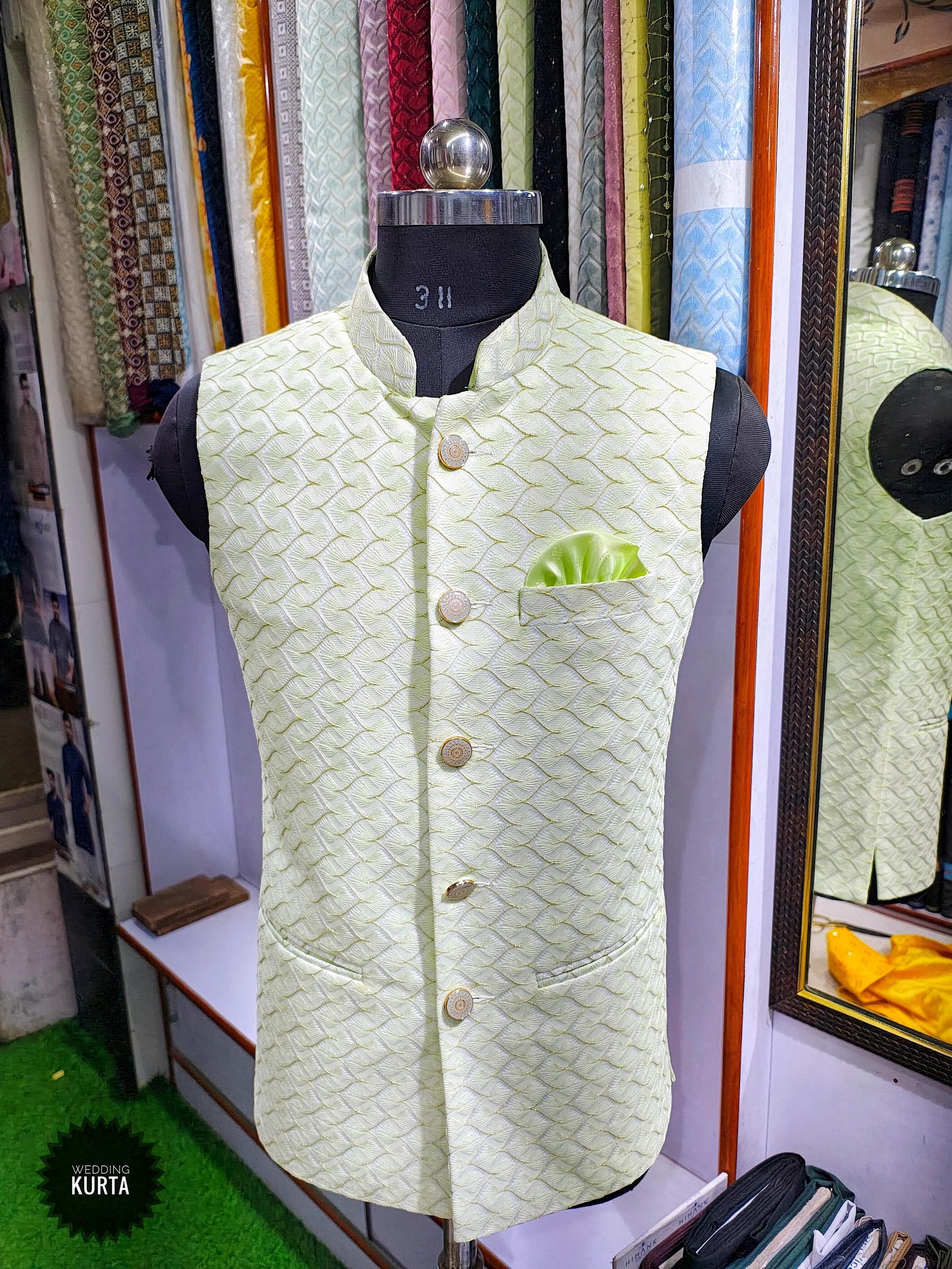 Embroidered Pista Green Nehru Jacket: Fine Cotton Silk Indian Wedding Coat