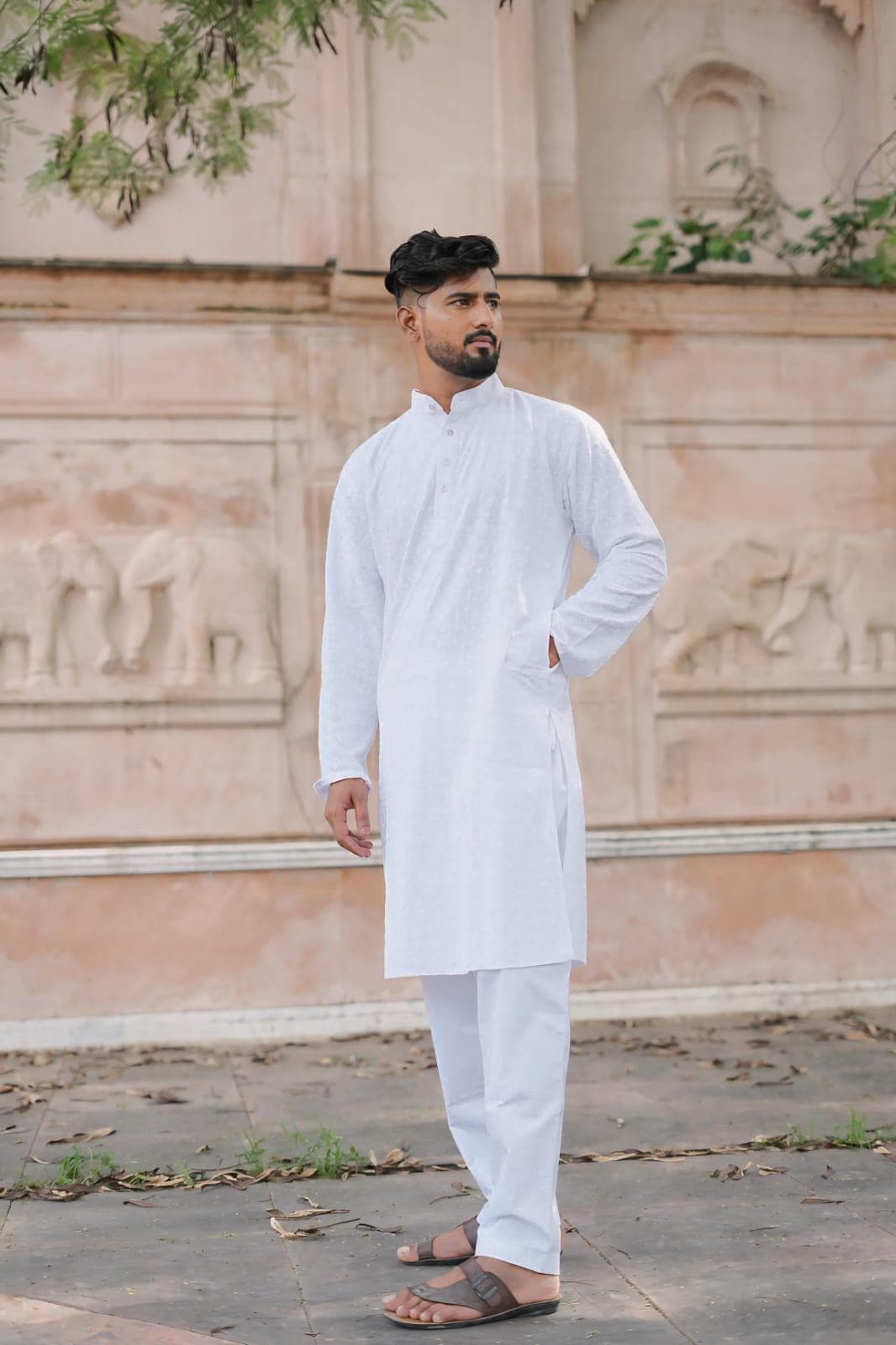 White Cotton Men's Kurta Set: Sequin Mirror Work, Traditional Indian Style - image 3